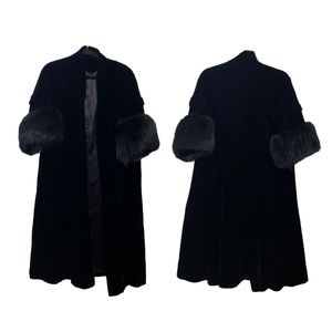 Vintage Black Velvet Cocktail Coat Genuine Fox Fur